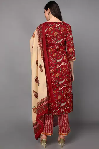 red color printed pure cotton styles kurta trouser with dupatta