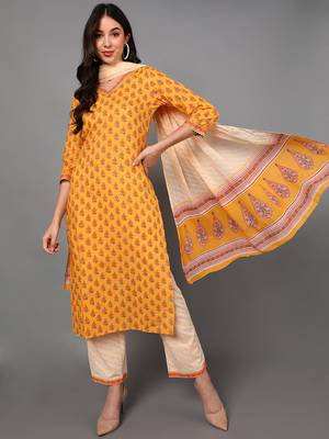 yellow color printed pure cotton styles kurta trouser with dupatta 1