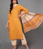 yellow color printed pure cotton styles kurta trouser with dupatta