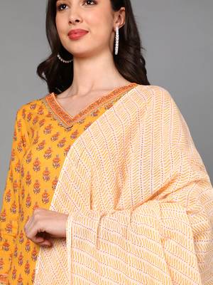 yellow color printed pure cotton styles kurta trouser with dupatta 2