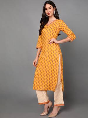 yellow color printed pure cotton styles kurta trouser with dupatta 3