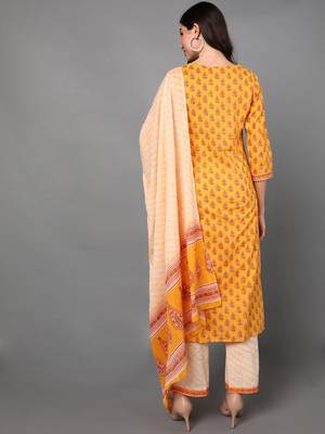 yellow color printed pure cotton styles kurta trouser with dupatta 4