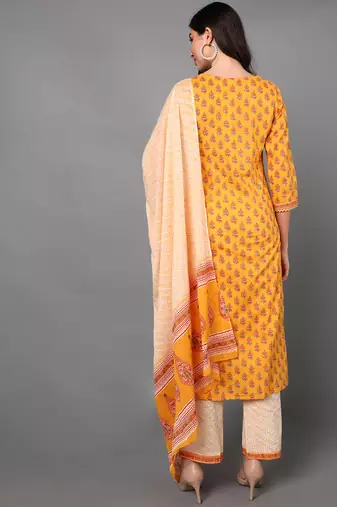 yellow color printed pure cotton styles kurta trouser with dupatta