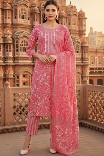pink color printed pure cotton styles kurta trouser with dupatta
