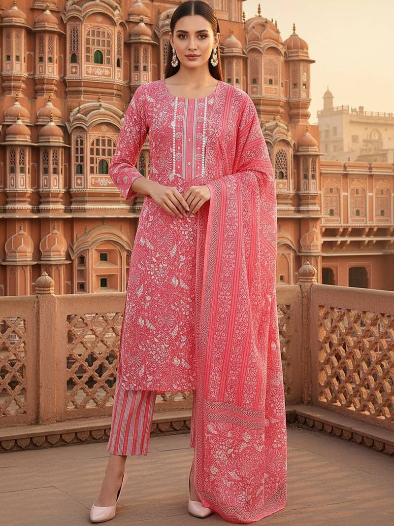 pink color printed pure cotton styles kurta trouser with dupatta