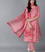 pink color printed pure cotton styles kurta trouser with dupatta