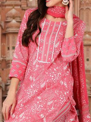 pink color printed pure cotton styles kurta trouser with dupatta 2