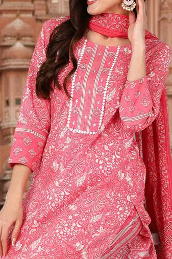 pink color printed pure cotton styles kurta trouser with dupatta