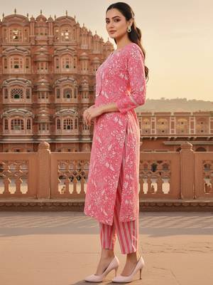 pink color printed pure cotton styles kurta trouser with dupatta 3