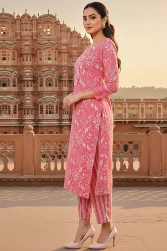 pink color printed pure cotton styles kurta trouser with dupatta