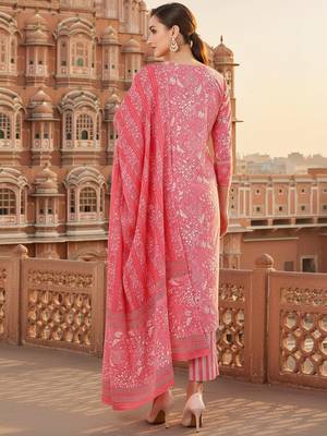 pink color printed pure cotton styles kurta trouser with dupatta 4