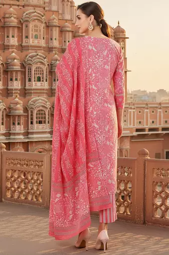 pink color printed pure cotton styles kurta trouser with dupatta