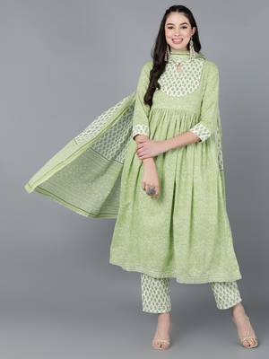 green color printed pure cotton styles kurta trouser with dupatta 1