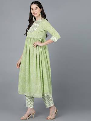 green color printed pure cotton styles kurta trouser with dupatta 3