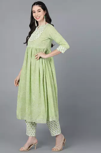 green color printed pure cotton styles kurta trouser with dupatta