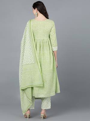 green color printed pure cotton styles kurta trouser with dupatta 4