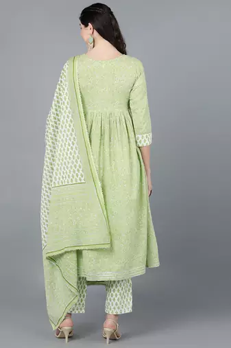 green color printed pure cotton styles kurta trouser with dupatta