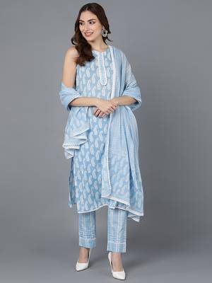 blue color printed pure cotton styles kurta trouser with dupatta 1