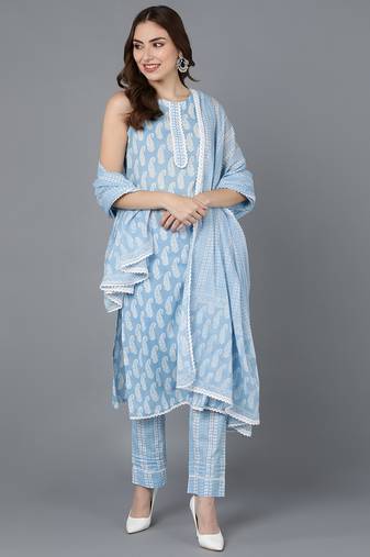 blue color printed pure cotton styles kurta trouser with dupatta