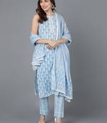blue color printed pure cotton styles kurta trouser with dupatta