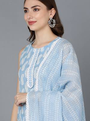 blue color printed pure cotton styles kurta trouser with dupatta 2