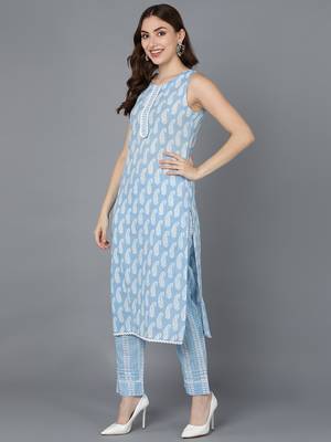 blue color printed pure cotton styles kurta trouser with dupatta 3