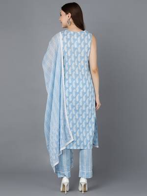 blue color printed pure cotton styles kurta trouser with dupatta 4