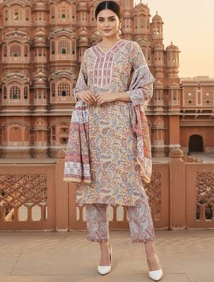 cream color printed pure cotton styles kurta trouser with dupatta 1