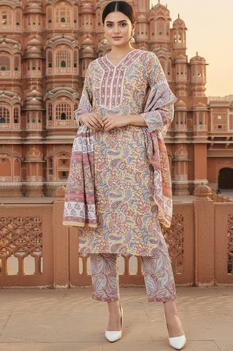 cream color printed pure cotton styles kurta trouser with dupatta