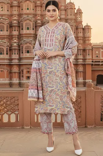 cream color printed pure cotton styles kurta trouser with dupatta