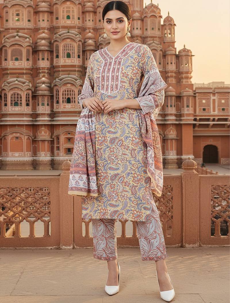 cream color printed pure cotton styles kurta trouser with dupatta