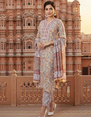 cream color printed pure cotton styles kurta trouser with dupatta 2