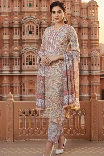cream color printed pure cotton styles kurta trouser with dupatta