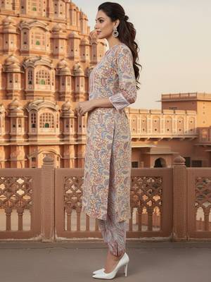 cream color printed pure cotton styles kurta trouser with dupatta 3