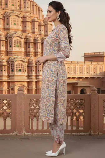 cream color printed pure cotton styles kurta trouser with dupatta