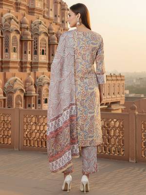 cream color printed pure cotton styles kurta trouser with dupatta 4