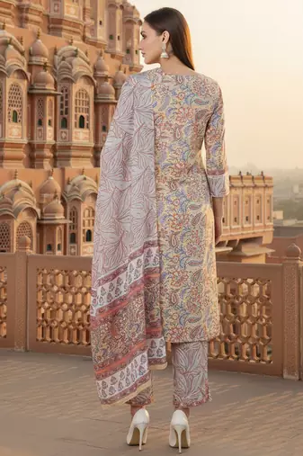 cream color printed pure cotton styles kurta trouser with dupatta