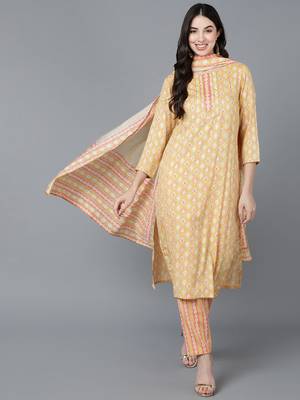 yellow color printed pure cotton styles kurta trouser with dupatta 1