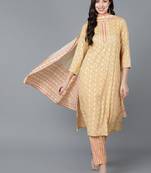 yellow color printed pure cotton styles kurta trouser with dupatta