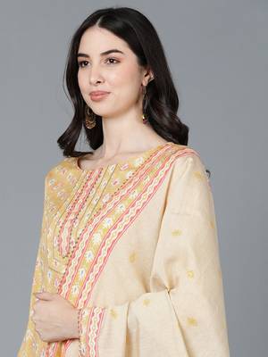 yellow color printed pure cotton styles kurta trouser with dupatta 2