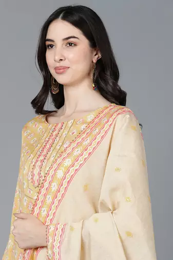 yellow color printed pure cotton styles kurta trouser with dupatta