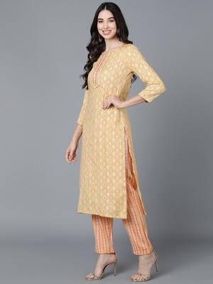 yellow color printed pure cotton styles kurta trouser with dupatta 3