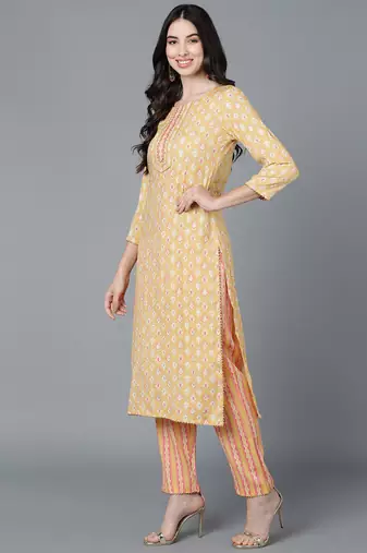 yellow color printed pure cotton styles kurta trouser with dupatta