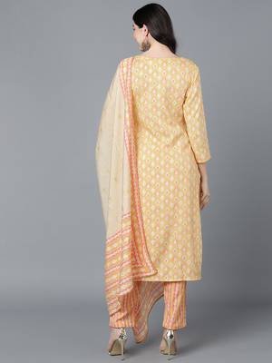 yellow color printed pure cotton styles kurta trouser with dupatta 4