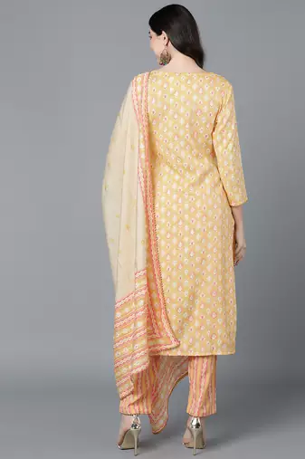 yellow color printed pure cotton styles kurta trouser with dupatta