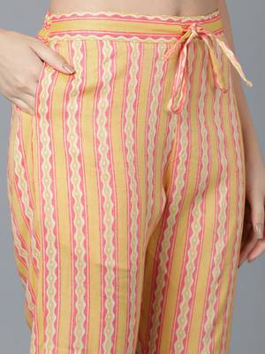 yellow color printed pure cotton styles kurta trouser with dupatta 5