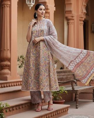 yellow color printed pure cotton styles kurta palazzo with dupatta 1