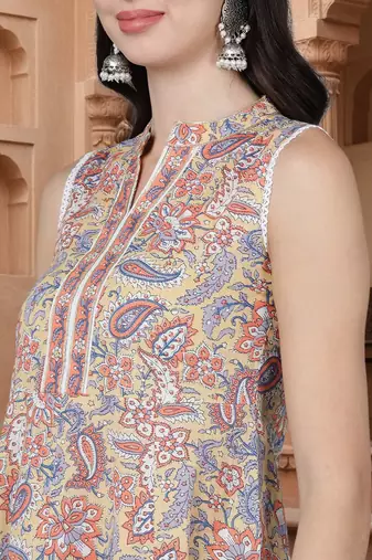 yellow color printed pure cotton styles kurta palazzo with dupatta