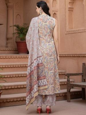 yellow color printed pure cotton styles kurta palazzo with dupatta 4