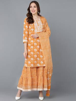 orange color embroidered pure cotton styles kurta sharara with dupatta 1